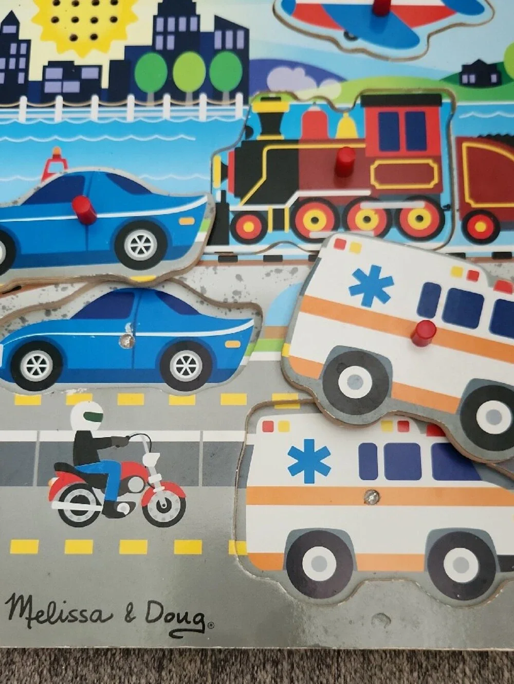 Melissa & Doug Blue Transport Peg Puzzle with Red Accents